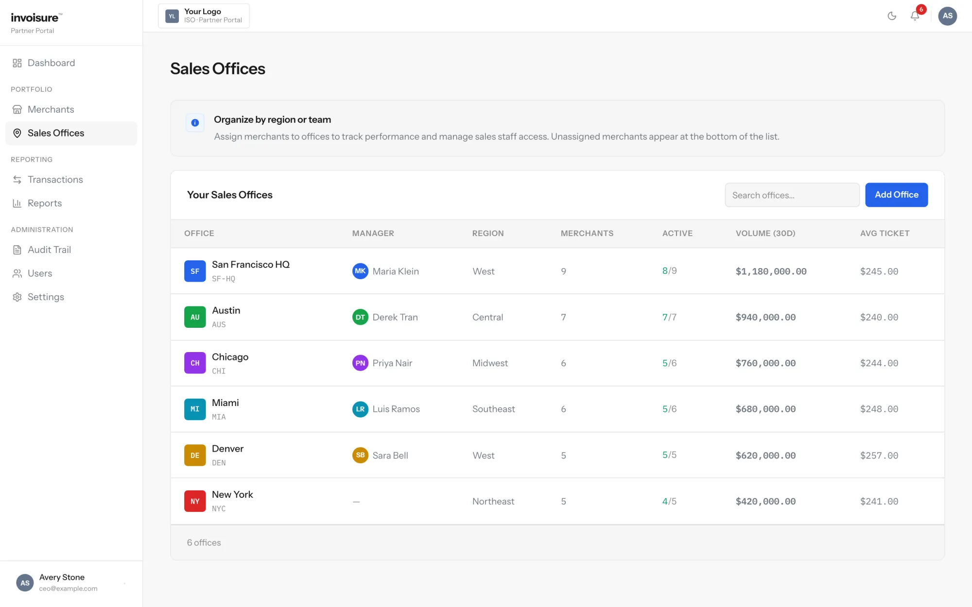 Invoisure Sales Offices screen